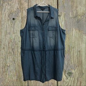 Chambray romper with drawstring waist and pockets.